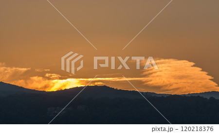 Panoramic view of Albano Lake coast at sunrise timelapse, Rome Province, Latium, central Italy 120218376