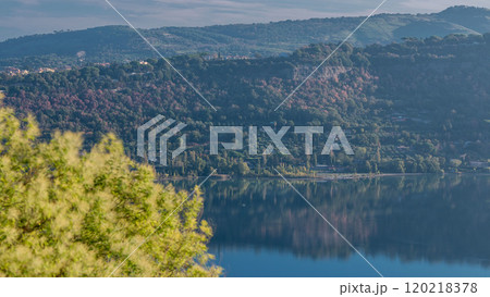 Panoramic view of Albano Lake coast at sunrise timelapse, Rome Province, Latium, central Italy 120218378