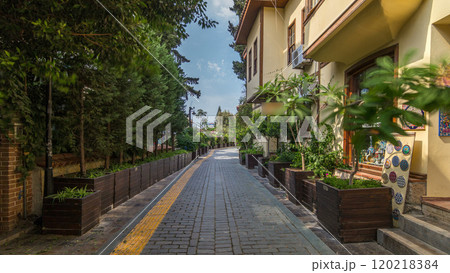 Street of old traditional turkish houses of Antalya city timelapse hyperlapse. Turkey 120218384