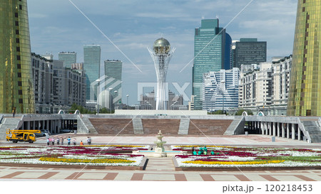 View of Astana modern city with baiterek and towers timelapse. 120218453
