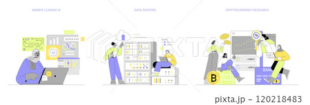 Women in Tech set. Diversity in AI leadership, cloud computing, and cryptocurrency research. Pioneering roles in tech industry. Vector illustration. 120218483
