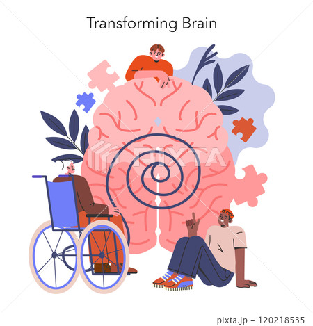 Cognitive Bias concept. Illustration of individuals interacting with a large brain, representing thought processes and mental transformation. Vector illustration. Cognitive Bias concept. Illustration of individuals interacting with a large brain, representing thought processes and mental transformation. Vector illustration. 120218535