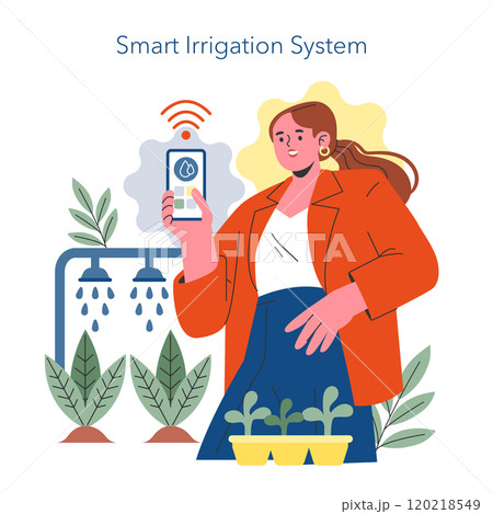 Smart home irrigation technology with woman using smartphone to control watering plants. Modern gardening automation. Vector illustration. Smart home irrigation technology with woman using smartphone to control watering plants. Modern gardening automation. Vector illustration. 120218549