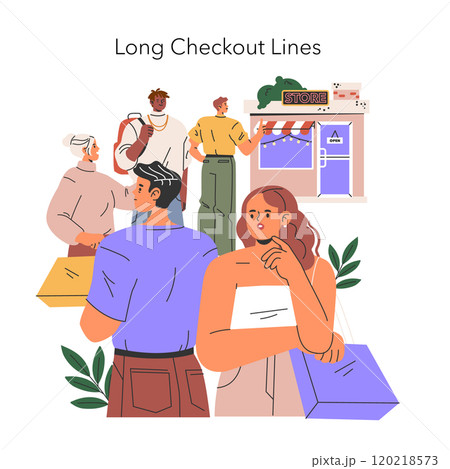 Black Friday concept. Shoppers waiting in a long line at a retail store, highlighting the rush and anticipation. Busy sale event. Vector illustration. Black Friday concept. Shoppers waiting in a long line at a retail store, highlighting the rush and anticipation. Busy sale event. Vector illustration. 120218573