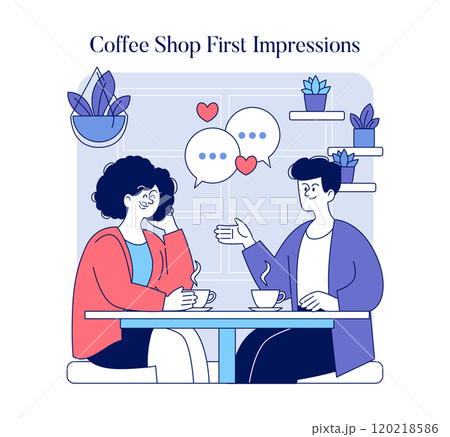 In a cozy coffee shop environment, two individuals are engaged in a warm conversation, sharing a special connection 120218586