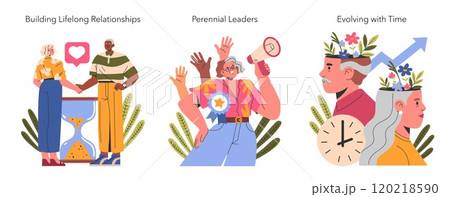Perennial People set. Illustrating enduring connections, leadership, and personal growth through time. Bonding, activism, and wisdom in colorful art. Vector illustration. Perennial People set. Illustrating enduring connections, leadership, and personal growth through time. Bonding, activism, and wisdom in colorful art. Vector illustration. 120218590