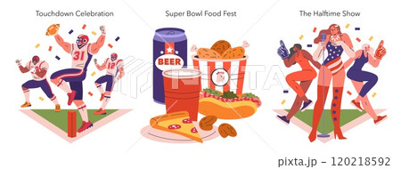 Super Bowl set. Football players celebratory dance, festive game day snacks, energetic halftime performance. Eventful expressions of sports culture. Vector illustration. 120218592