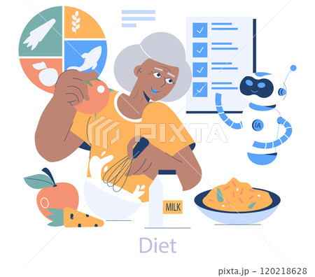 Longevity Clinic concept. Senior woman follows a healthy diet with AI assistance. Nutrition balance, wellness routine illustration. Vector illustration. Longevity Clinic concept. Senior woman follows a healthy diet with AI assistance. Nutrition balance, wellness routine illustration. Vector illustration. 120218628