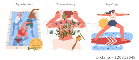 Water Wellness set. Illustrations of aqua aerobics, thalassotherapy, and aqua yoga, showing different health activities involving water. Vector illustration. 120218649
