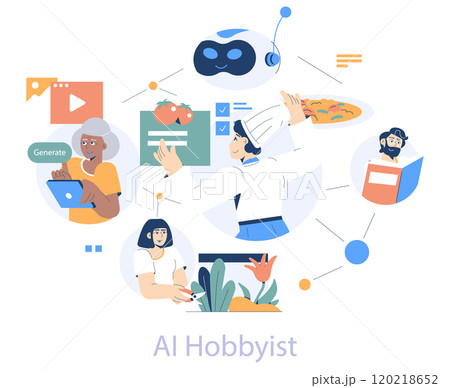 AI Hobbyist concept. Diverse individuals engage with technology, exploring varied AI-assisted interests. Vector illustration. 120218652