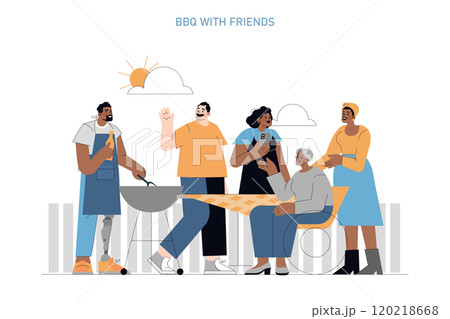Outdoor barbecue gathering illustration. Friends enjoy grilling and socializing on a sunny day. Casual cookout, cheerful conversations, and shared meals. Vector illustration. Outdoor barbecue gathering illustration. Friends enjoy grilling and socializing on a sunny day. Casual cookout, cheerful conversations, and shared meals. Vector illustration. 120218668