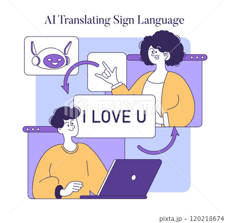 AI-Assisted Communication concept. An illustration showing AI technology translating sign language into text to aid disabled individuals. Vector illustration. AI-Assisted Communication concept. An illustration showing AI technology translating sign language into text to aid disabled individuals. Vector illustration. 120218674
