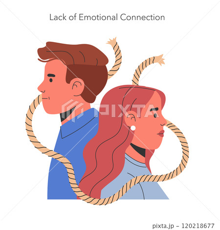 Infidelity concept. A visual metaphor on the lack of emotional connection leading to infidelity. Male and female faces with a frayed rope. Vector illustration. 120218677
