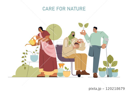 Care for Nature concept. People engaging in planting activities, promoting environmental protection. Cultivating plants, fostering growth, unity in diversity. Vector illustration. 120218679