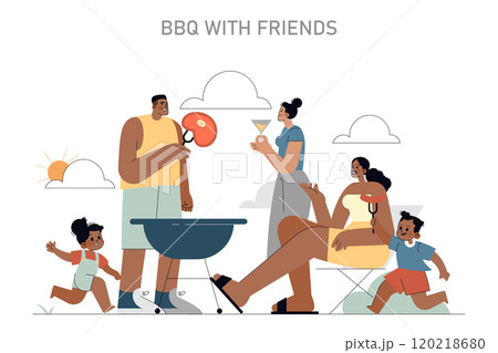 Outdoor gathering concept. Friends enjoy a barbecue on a sunny day, depicting leisure, food, and community. Casual summer fun with playful kids. Vector illustration. 120218680