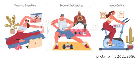 Home Fitness set. People engaging in yoga, bodyweight workouts, and indoor cycling. Exercise routine with yoga poses, strength training, and cardio in a cozy setting. Vector illustration. 120218686