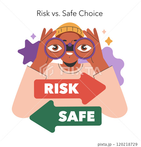 Cognitive Framing concept. Person with binoculars weighing risk versus safe options, choosing right strategy. Decision making, risk assessment. Vector illustration. 120218729