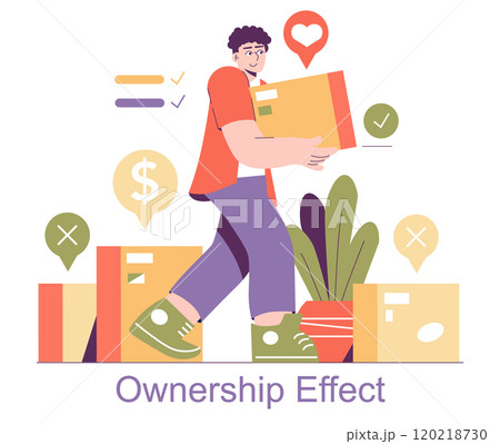 Behavioral Economics concept. A man walks with a package amidst symbols representing the ownership effect. Consumer choices and value perception. Vector illustration. Behavioral Economics concept. A man walks with a package amidst symbols representing the ownership effect. Consumer choices and value perception. Vector illustration. 120218730