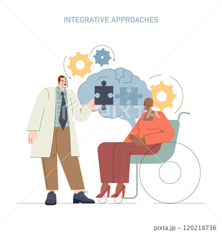 Psychology concept. Therapist and patient exploring mental health solutions together. Cognitive mechanisms and problem-solving representation. Vector illustration. Psychology concept. Therapist and patient exploring mental health solutions together. Cognitive mechanisms and problem-solving representation. Vector illustration. 120218736
