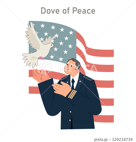 Veterans Day tribute illustration with a saluting officer and a dove against the US flag backdrop ensures peace and remembrance. Vector illustration. Veterans Day tribute illustration with a saluting officer and a dove against the US flag backdrop ensures peace and remembrance. Vector illustration. 120218739