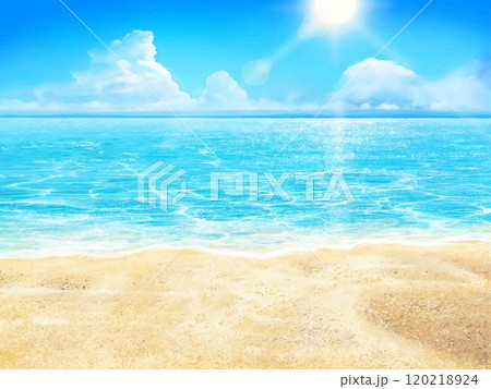 夏の砂浜と雲のある青い空と海の美しいフレームイラスト背景素材 夏の砂浜と雲のある青い空と海の美しいフレームイラスト背景素材 120218924