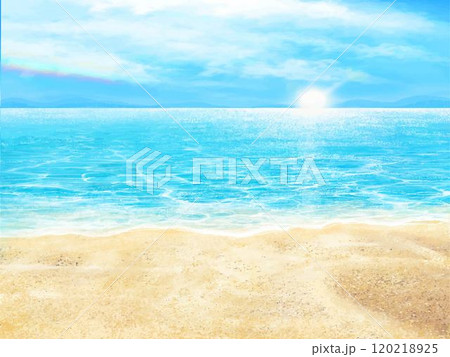 朝日の昇る砂浜と雲のある青い空と海の美しいフレームイラスト背景素材 朝日の昇る砂浜と雲のある青い空と海の美しいフレームイラスト背景素材 120218925
