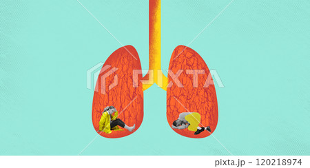 Contemporary art collage. Two men sitting inside orange lungs, suggesting confined or restricted feeling related to breathing. Contemporary art collage. Two men sitting inside orange lungs, suggesting confined or restricted feeling related to breathing. 120218974