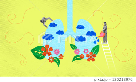 Contemporary art collage. Doctors nurturing lungs with blue clouds and flowers, symbolizing care and healing for respiratory health. 120218976