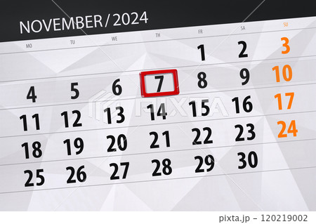 Calendar 2024, deadline, day, month, page, organizer, date, November, thursday, number 7 120219002