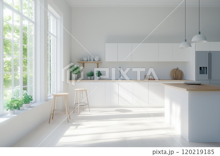 Modern white kitchen with island and large windows illuminating the room Modern white kitchen with island and large windows illuminating the room 120219185