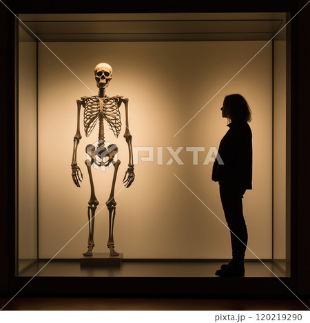 Museum visitor observing human skeleton in a glass case 120219290