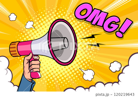 Hand holds megaphone bullhorn in retro pop art comic style  Loudspeaker Business banner 120219643