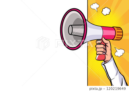 Hand holds megaphone bullhorn in retro pop art comic style Loudspeaker Business banner Hand holds megaphone bullhorn in retro pop art comic style Loudspeaker Business banner 120219649