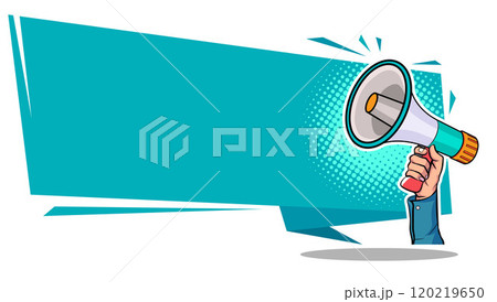 Hand holds megaphone bullhorn in retro pop art comic style Loudspeaker Business banner Hand holds megaphone bullhorn in retro pop art comic style Loudspeaker Business banner 120219650