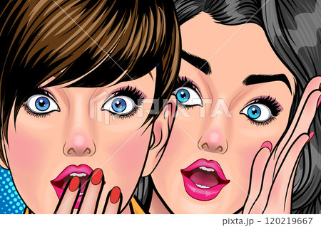 Woman whispering gossip or secret to her friend surprise In Retro Vintage Pop Art Comic Woman whispering gossip or secret to her friend surprise In Retro Vintage Pop Art Comic 120219667