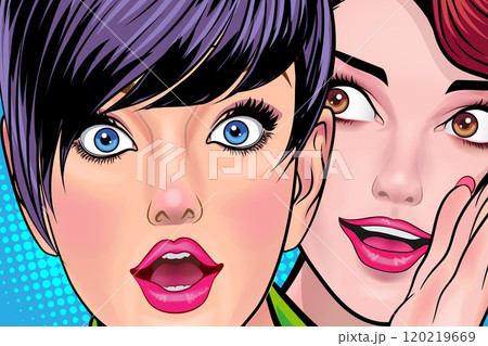 Woman whispering gossip or secret to her friend surprise In Retro Vintage Pop Art Comic 120219669