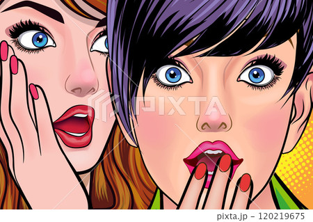 Woman whispering gossip or secret to her friend surprise In Retro Vintage Pop Art Comic 120219675
