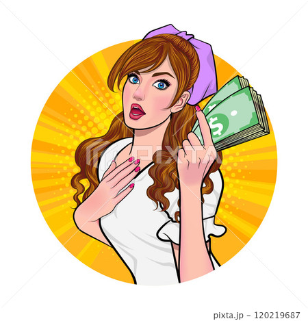 Avatar of woman or business person in various poses, circle background, pop art comics style 120219687