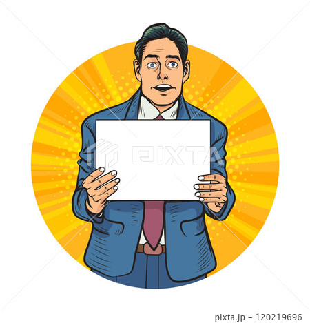 Avatar of man or business person in various poses, circle background, pop art comics style 120219696