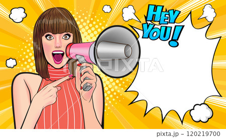 Business woman with loudspeaker megaphone announcing discount or sale Special offer shopping time Business woman with loudspeaker megaphone announcing discount or sale Special offer shopping time 120219700
