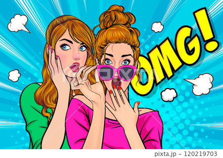 Woman whispering gossip secret to her friend surprise In Retro Vintage Pop Art Comic Style Woman whispering gossip secret to her friend surprise In Retro Vintage Pop Art Comic Style 120219703