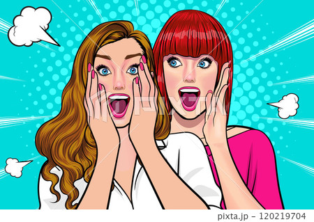 Woman whispering gossip secret to her friend surprise In Retro Vintage Pop Art Comic Style 120219704