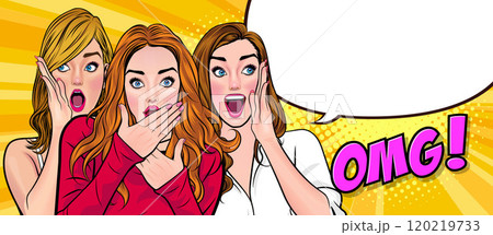 Woman whispering gossip secret to her friend surprise In Retro Vintage Pop Art Comic Style 120219733