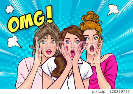 Woman whispering gossip secret to her friend surprise In Retro Vintage Pop Art Comic Style 120219737
