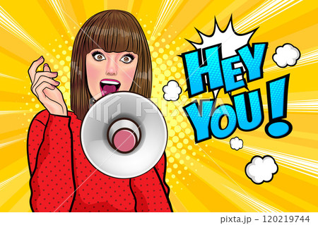 Business woman with loudspeaker megaphone  announcing discount or sale Special offer shopping time 120219744