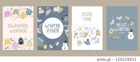 Set of Christmas cards, hand drawn cute flyers. Postcards with lettering and cute winter elements. Flat vector illustrations. 120219831
