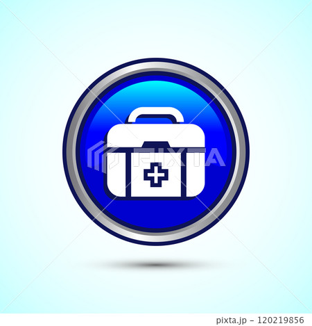 Medical first aid kit icon, Medicine emergency box health care sign. Blue Color Round Button Design Medical first aid kit icon, Medicine emergency box health care sign. Blue Color Round Button Design 120219856