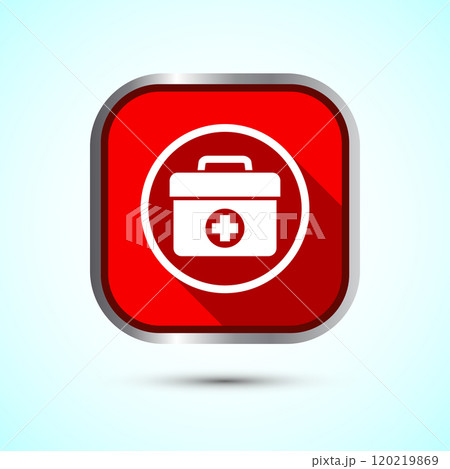 Medical first aid kit icon, Medicine emergency box health care sign. Blue Color Round Button Design Medical first aid kit icon, Medicine emergency box health care sign. Blue Color Round Button Design 120219869