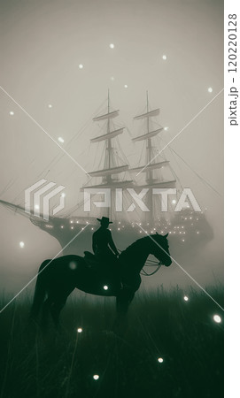 Elegant man in a hat rides on horseback towards an ancient ship with sailboat in a fog. Vertical fine art poster. Horror mysticism, halloween concept. This is AI-generated item 120220128