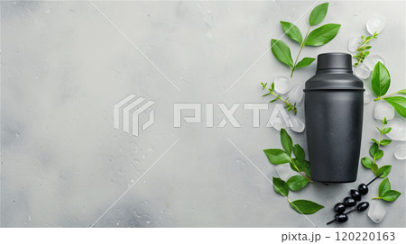 Black shaker surrounded by green leaves, olives and ice on gray, copy space 120220163